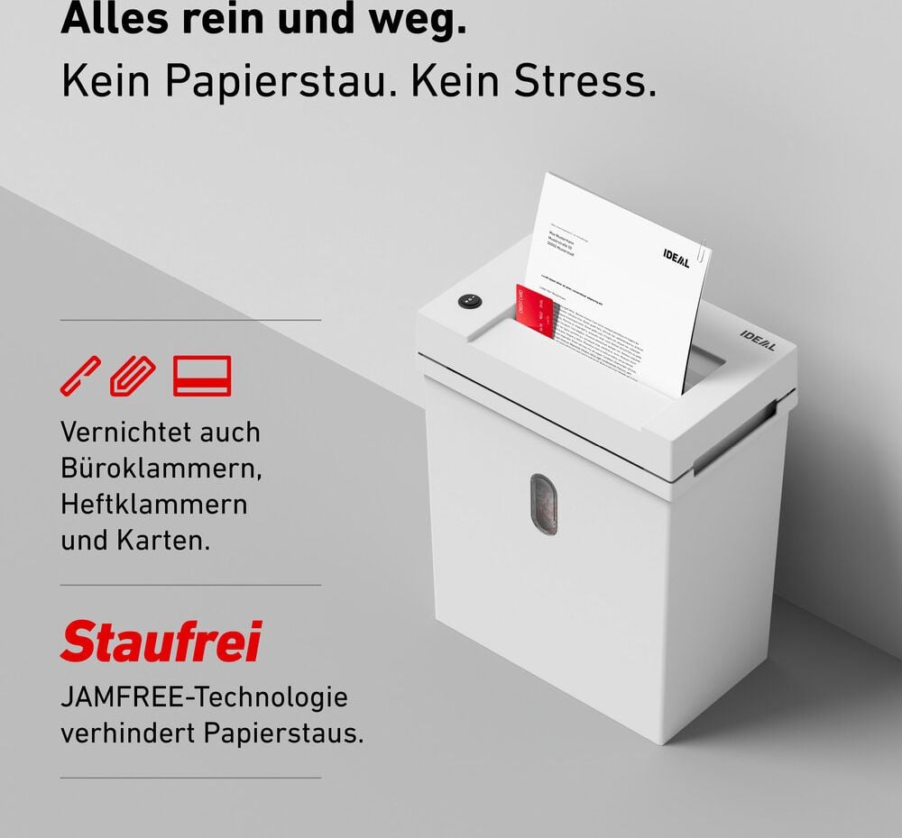 Aktenvernichter Ideal Shredcat 8200 CC P-5 82001111, 2x12mm Partikelschnitt, ca. 12-14 Blatt, 21 Liter Behälter, weiß