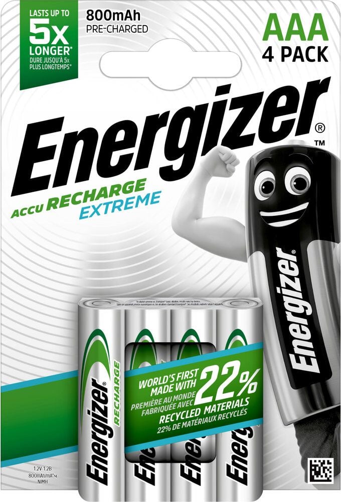 Akkus Energizer NiMH Extreme Micro (AAA), 1,2 V, 800 mAh, aus 22% recycelten Materialien, Pack 4 Stück