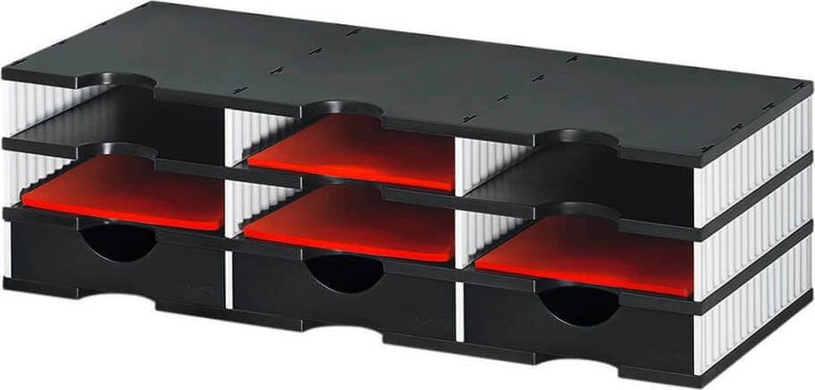 Sortiersystem styrodoc trio Set 2680303, 9 Fächer inkl. 3 System-Schubladen, 3 Etagen,
Gehäuse weiß/schwarz, farbige Schubladen, schwarz
