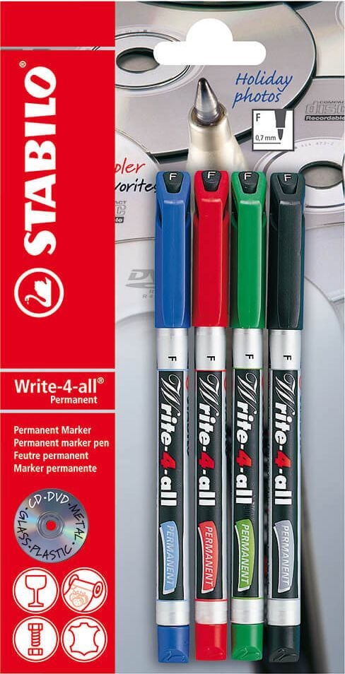 Permanentmarker STABILO Write-4-all Fein 156, ca. 0,7mm (F), Rundspitze, wasserfest,
Blister mit 4 Farben