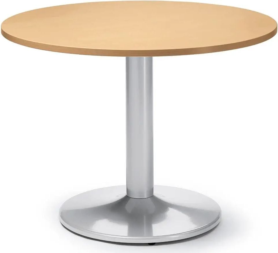 Besprechungstisch Deskin MODUL, 100cm Durchmesser, 73,5cm Höhe, Tellerfuß, Gestell Alusilber RAL 9006, 28kg, buche