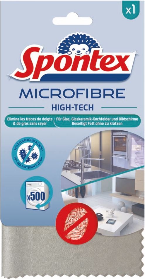 Mikrofasertücher Spontex Microfibre High-Tech 19700206, 45x32cm, für empfindliche Oberflächen, beseitigt 99% der Bakterien, 500x waschbar, grau