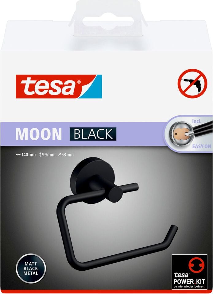 Toilettenpapierhalter Tesa MOON BLACK 40560-00000-00, 14x9,9x5,3cm (BxHxT), für 1 Kleinrolle, ohne Abdeckung, pulverbeschichteter Stahl, mattschwarz, schwarz