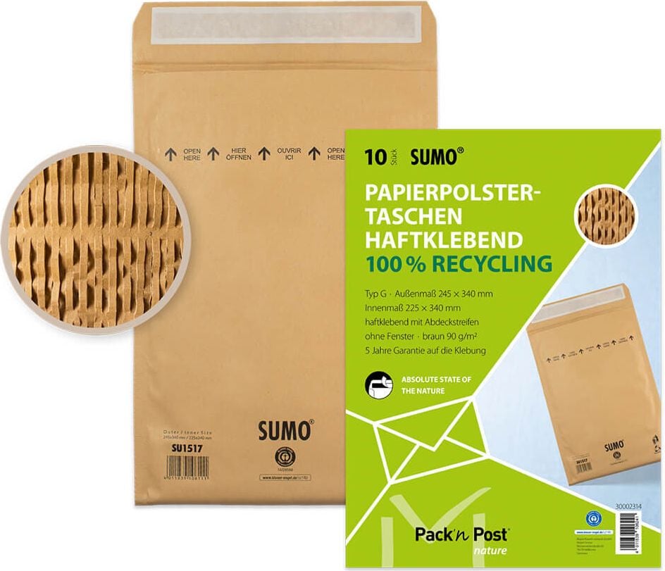 Papierpolstertaschen SUMO SU1517 Gr. 7 / Typ G, Außenmaße: 245x340mm, Innenmaße: 225x340mm,
braun, Pack 10 Stück