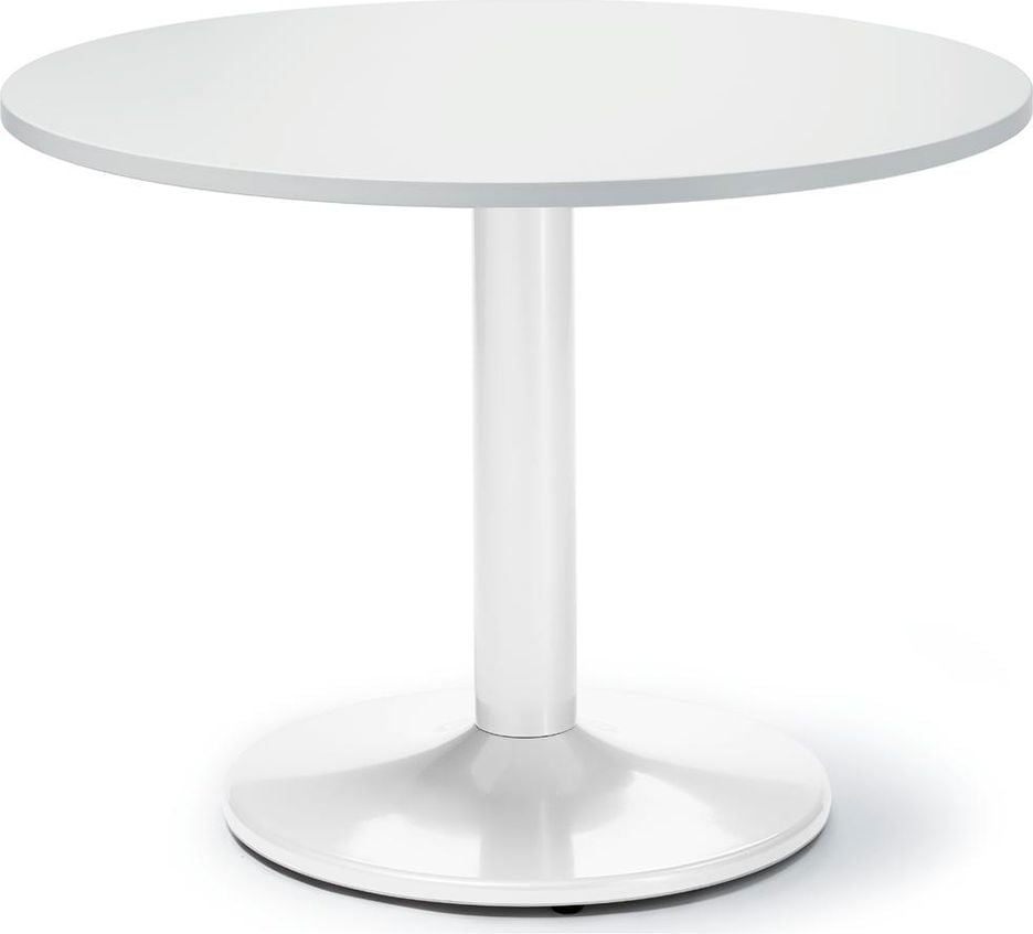 Besprechungstisch Deskin MODUL, 100cm Durchmesser, 73,5cm Höhe, Tellerfuß, Gestell Weiß RAL 9006, 28kg, weiß