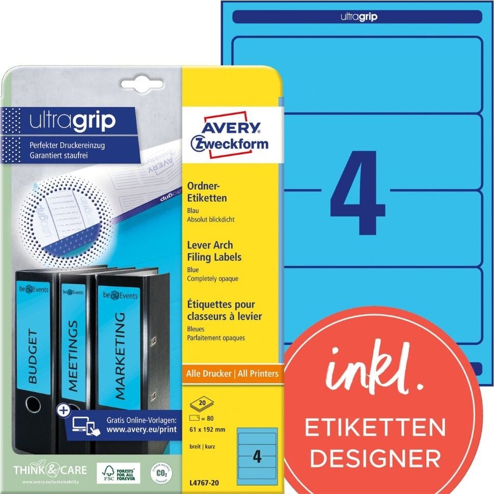 Rückenschilder Zweckform L4767-20 ultragrip, breit/kurz, 192x61mm, auf A4, blau, Pack 20
Blatt/80 Stück