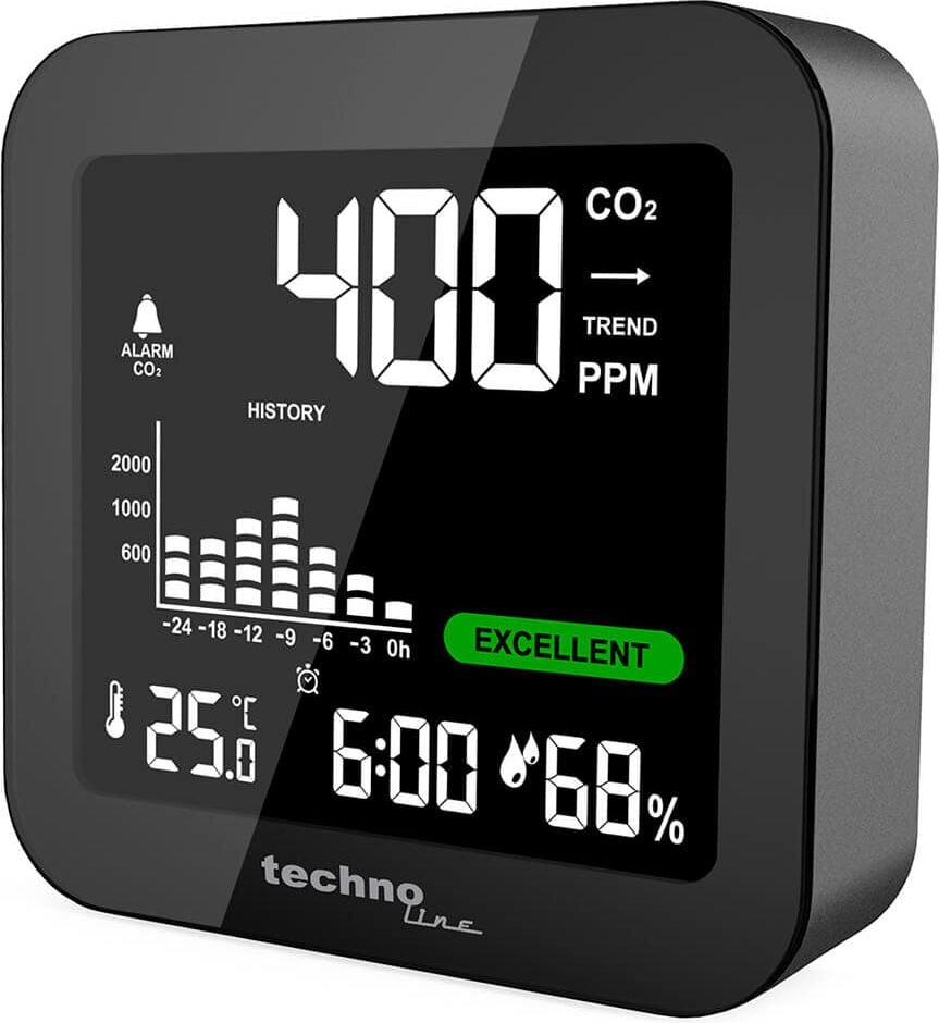 CO2-Messgerät technoline WL 1025, einfaches Ampelsystem, mit Temperatur- und
Luftfeuchtigkeitsanzeige, 8,1 x 8,1 x 2,4 cm