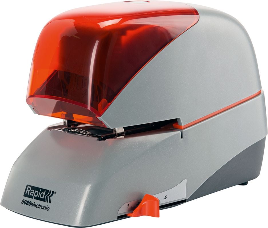 Flachheftgerät Rapid 5080e 20993411, elektrisch, bis 80 Blatt, Einlegetiefe: bis 50mm, für Rapid 5080 Klammern, inkl. Netzadapter und Klammern, silber/orange