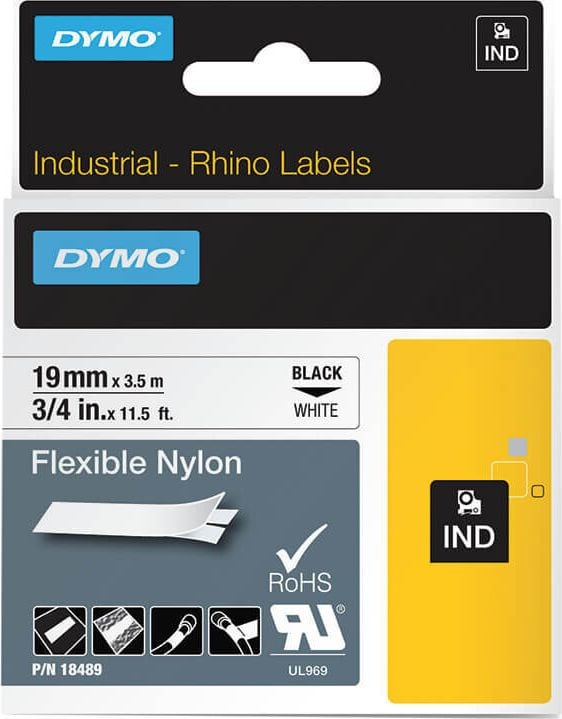 Schriftbänder Dymo RHINO Nylon 18489/S0718120, schwarz auf weiß, 19mm/3,5m, Nylonband