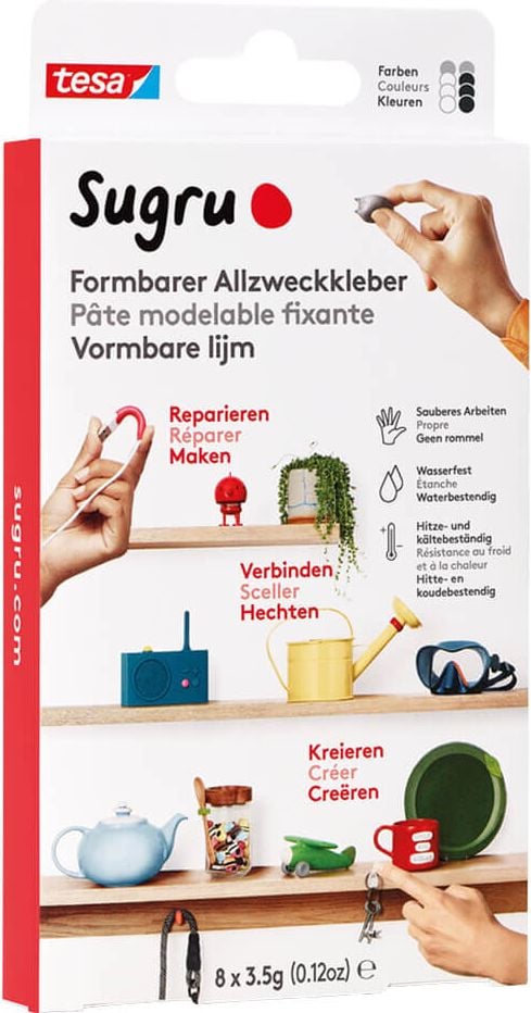 Tesa Sugru formbarer Allzweckkleber 41281, 8 Stück à 3,5 g, 3 Farben (je 3x schwarz,
weiß, 2x grau)