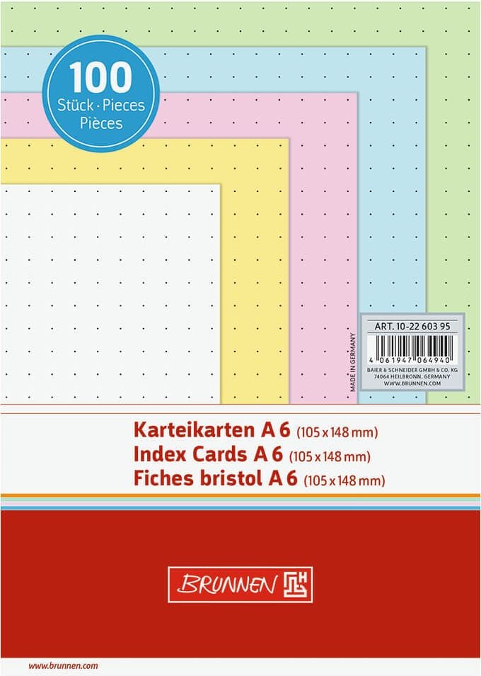 Karteikarten Brunnen A6 102260395, dotted (punktkariert), Pack 100 Stück,
sortiert