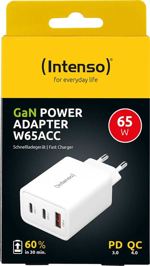 Ladegerät Intenso Power Adapter W65ACC GaN 7806512, 1x USB-A Ausgang, 2x USB-C Ausgang, 65W, weiß