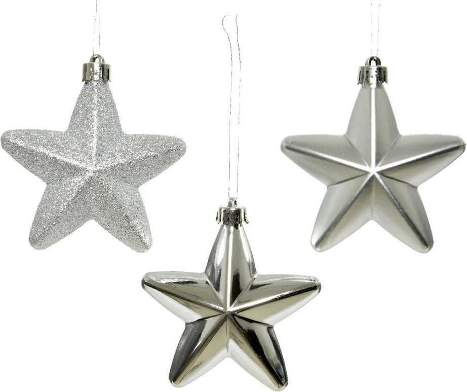 Weihnachtskugeln DECORIS Stern, 7,5x7,5x2cm (BxHxT), Polystyrol, Pack 6 Stück, silber