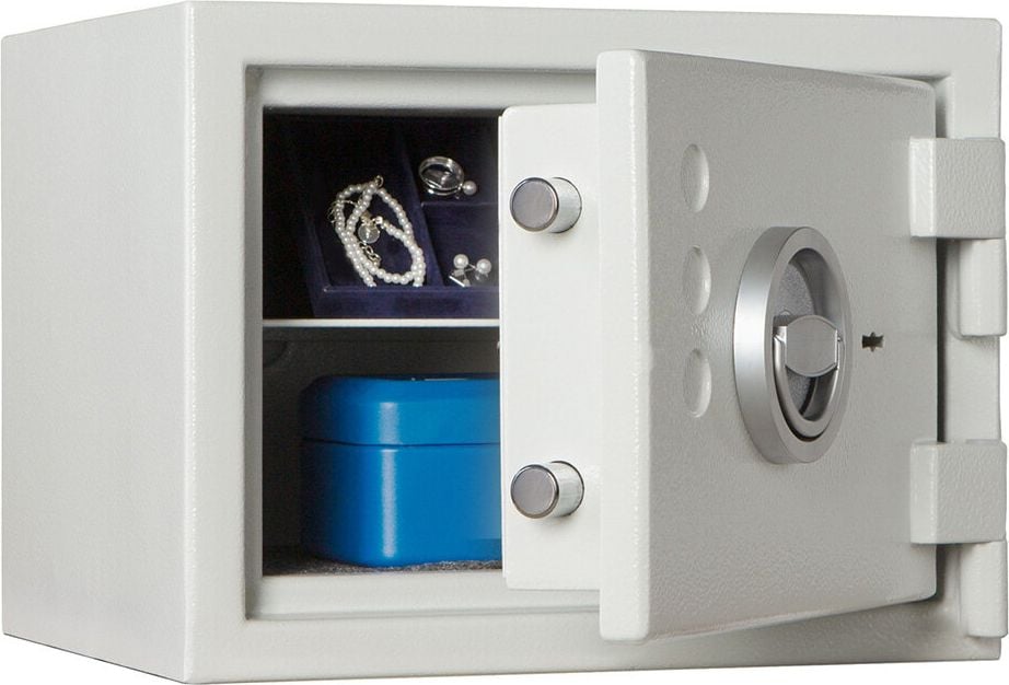 Sicherheitsschrank Format Seguro 10 022810-00000, 27,2x35,7x31cm, 26kg, Doppelbartschloss, Sicherheitsstufe S2 gemäß EN 14450, 11 Liter Volumen, hellgrau