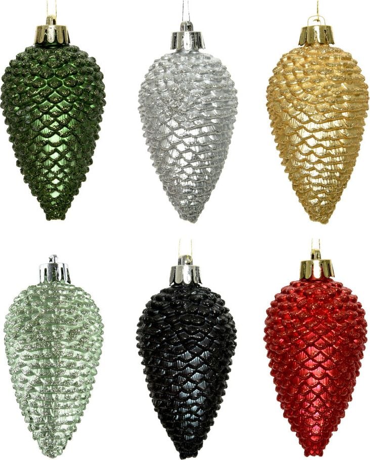 Weihnachtskugeln DECORIS Zapfen, 4,5x8cm (DxH) Polystyrol, Pack 6 Stück, gold