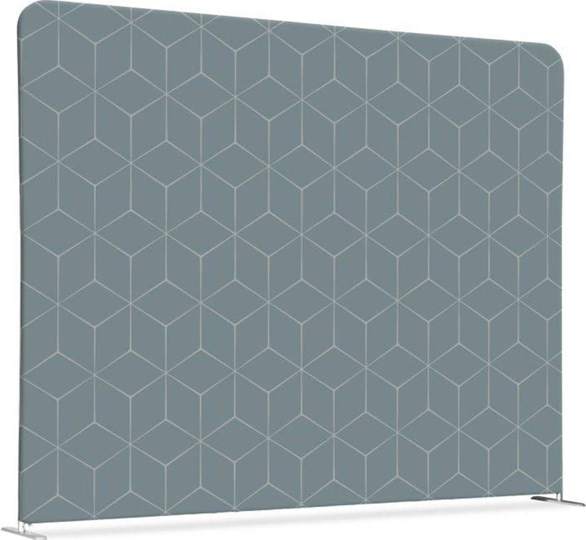 Stellwand Showdown Displays Raumteiler 200-250 Hexagon, 100x200cm, Zipper-Banner Slim mit beidseitigem Textildruckdesign, 100% Polyester, B1 feuerfest, Standfüße, grau