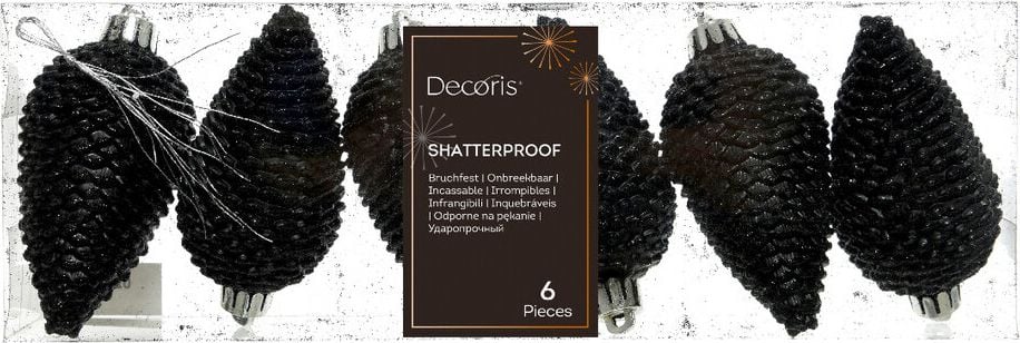 Weihnachtskugeln DECORIS Zapfen, 4,5x8cm (DxH) Polystyrol, Pack 6 Stück, schwarz