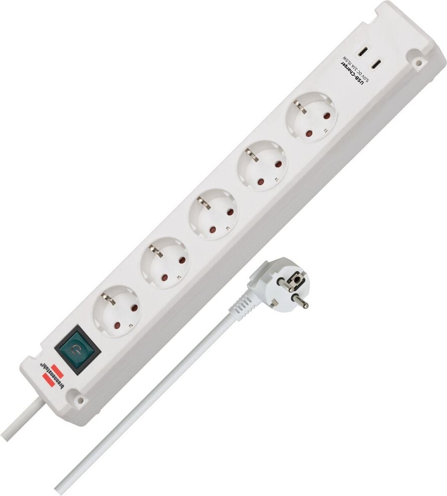 Steckdosenleiste Brennenstuhl Bremounta 5-fach 1150660415, 90 Grad-Anordnung, 1 Schalter, Kabellänge 3m,
2 USB-Charger, Winkelstecker, weiß