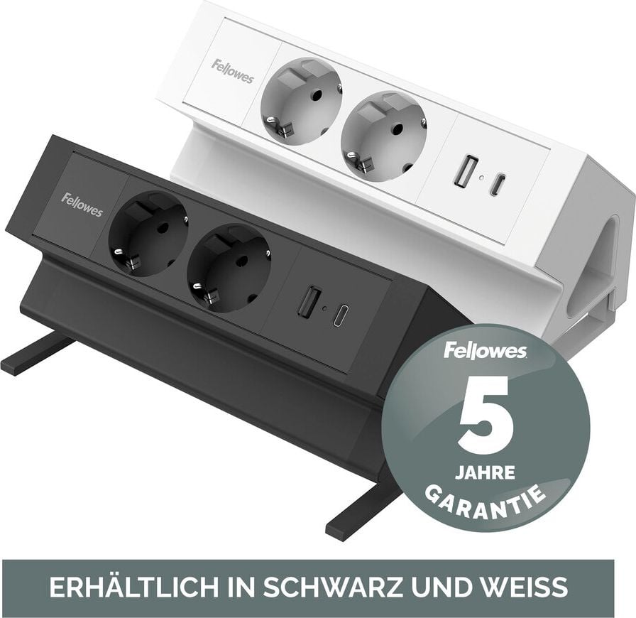 Tischsteckdosenleiste Fellowes Power Desk 2 Type F 2-fach, Tischklemme, 2x Steckdosen (230V), 1x USB-A, 1x USB-C, Kabellänge 2m, weiß