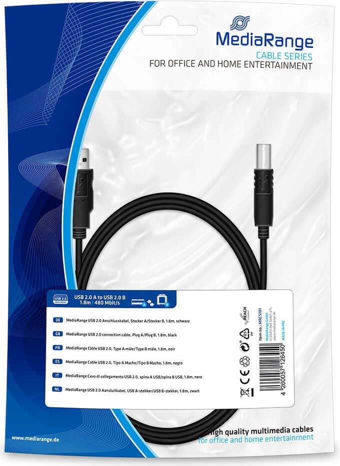 Anschlusskabel Stecker A auf Stecker B MediaRange MRCS101, USB 2.0 Anschlusskabel, Stecker A auf B,
Kabellänge 1,8 m, schwarz