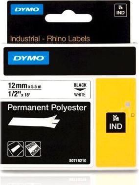 Schriftbänder Dymo RHINO Polyester 18483/S0718210, schwarz auf weiß, 12mm/5,5m, Polyesterband