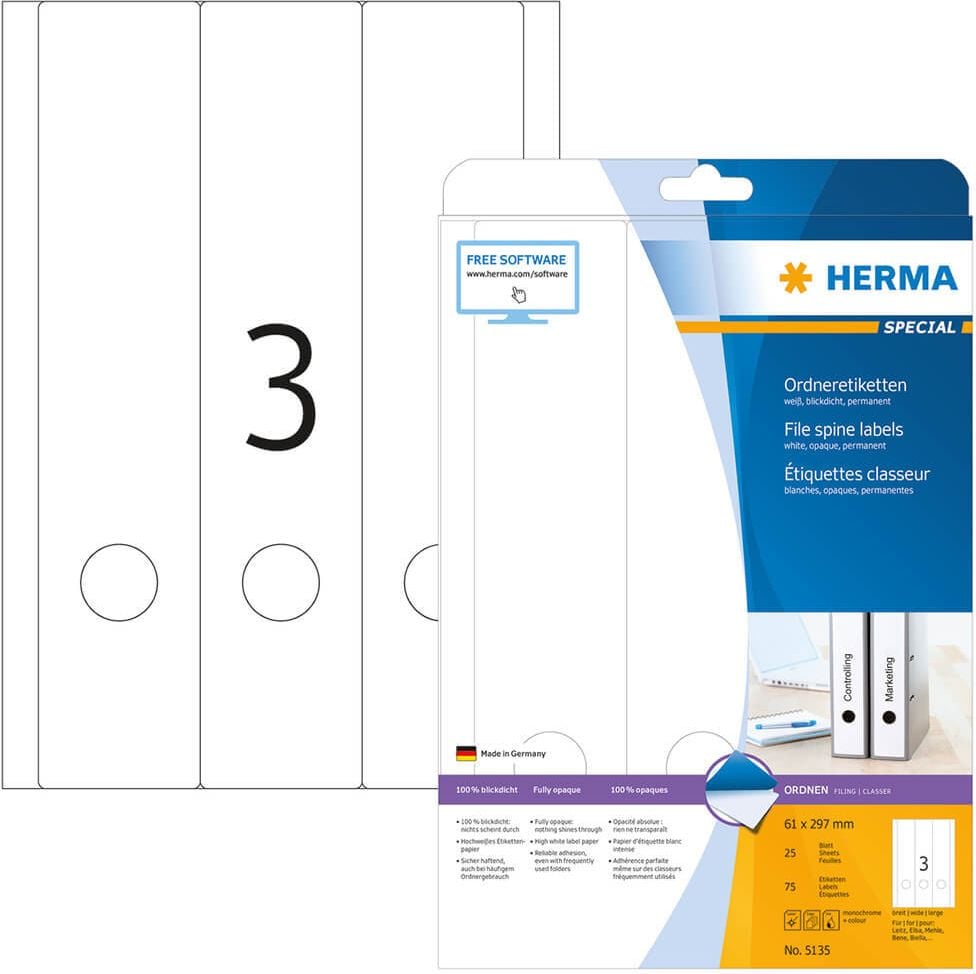 Rückenschilder Herma 5135, breit/lang, 297x61mm, auf A4, weiß, Pack 25
Blatt/75 Stück