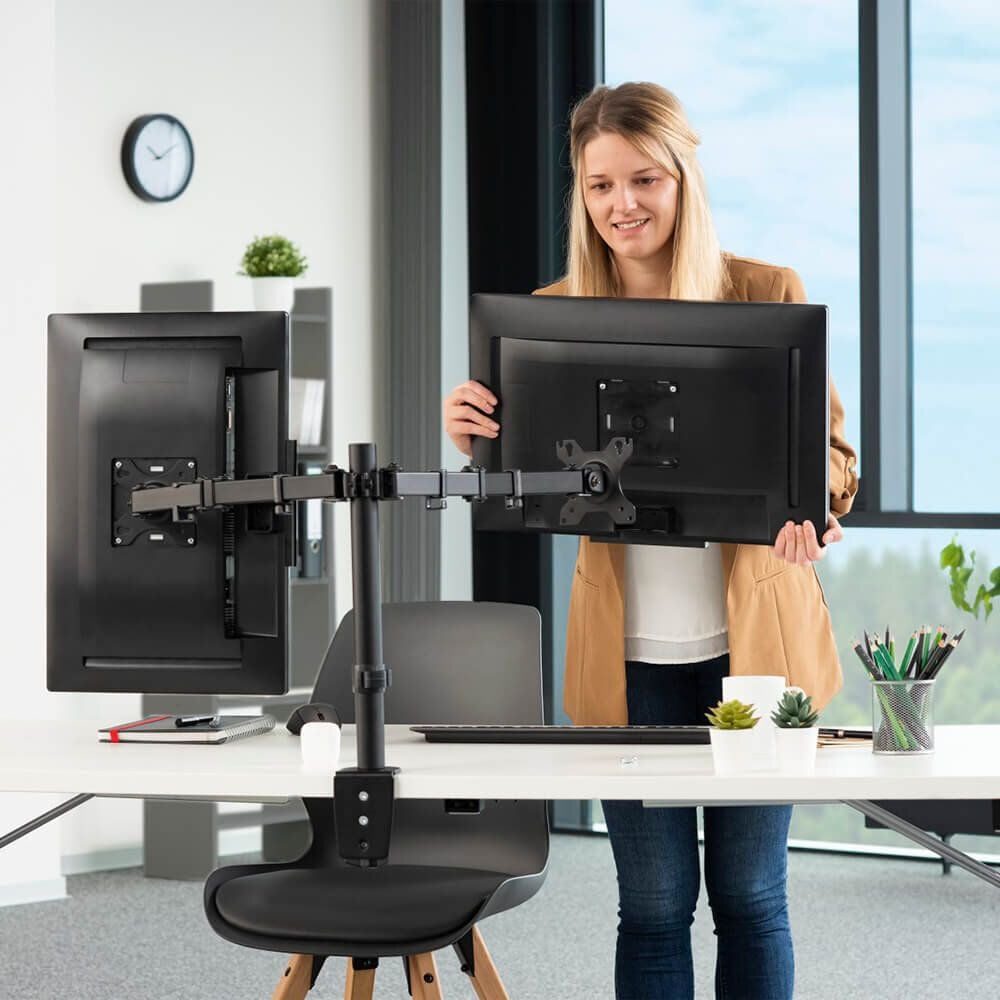 Monitorhalter Hama FULLMOTION Doppelarm 118491, 2 Arme, Tragfähigkeit bis zu 8 kg pro
Schwenkarm, höhen- und tiefenverstellbar,
Klemmhalterung, schwarz