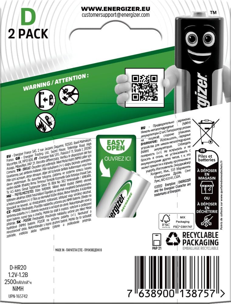 Batterien Energizer NiMH Power Plus Mono (D), 1,2 V, 2500 mAh, aus 7% recycelten Batterien,
Pack 2 Stück