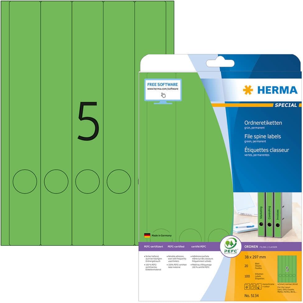Rückenschilder Herma 5134, schmal/lang, 297x38mm, auf A4, grün,
Pack 20 Blatt/100 Stück