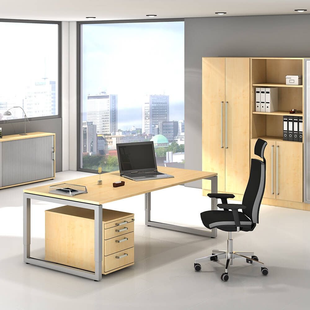 Schreibtisch Hammerbacher RS2E, 200x100cm (BxT), 65-85cm Höhe, rechteckig,
O-Fußgestell eckig, grau