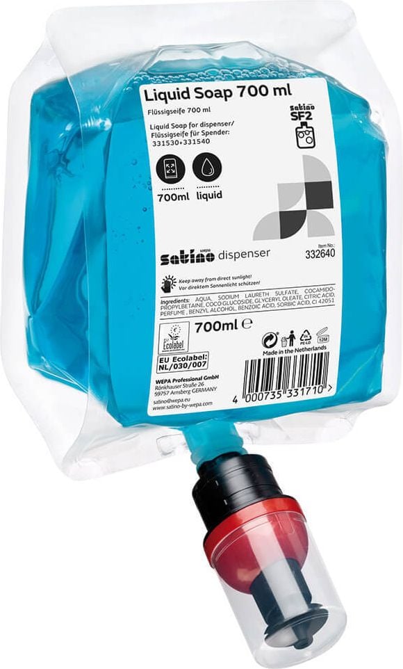 Flüssigseife Satino by WEPA 333376, für Spendersysstem SF2, Einwegbeutel, pH-neutral, blau, Pack 6 Beutel à 500 ml