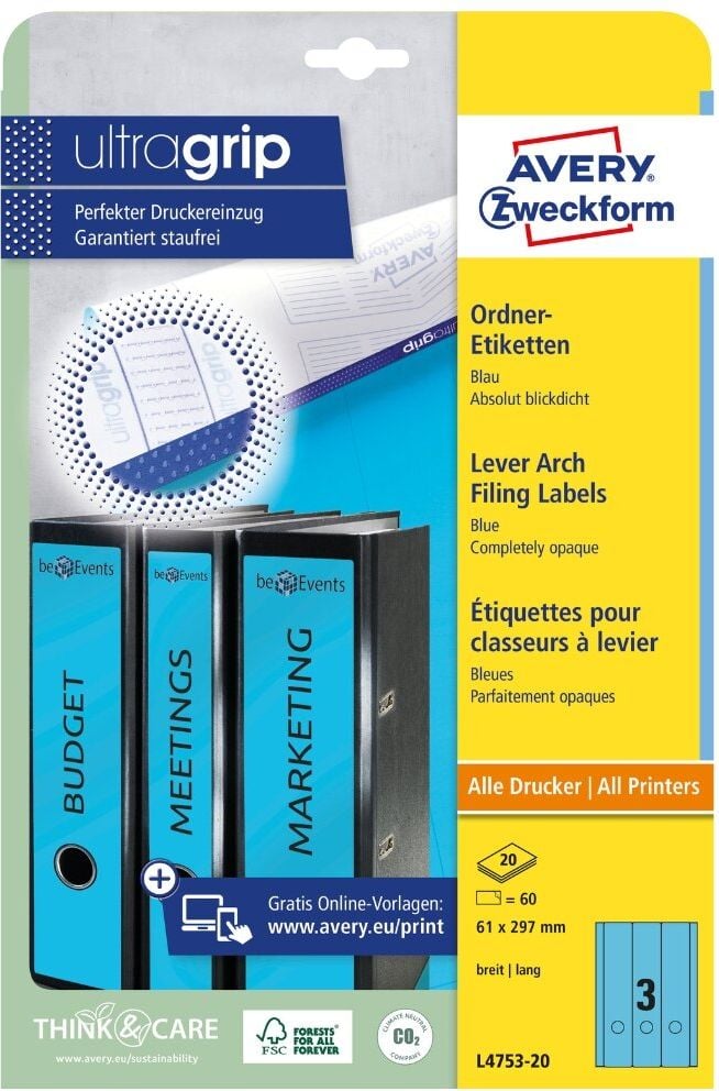 Rückenschilder Zweckform L4753-20 ultragrip, breit/lang, 297x61mm, auf A4, blau, Pack 20
Blatt/60 Stück