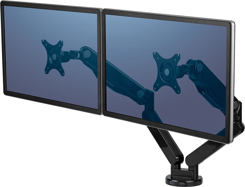 Monitorhalter Fellowes Platinum Doppelarm, 2 Arme, Tragfähigkeit bis zu 8 kg pro Arm,
drehbar, schwenkbar, neigbar,
höhenverstellbar, Tisch-Klemmhalterung, schwarz