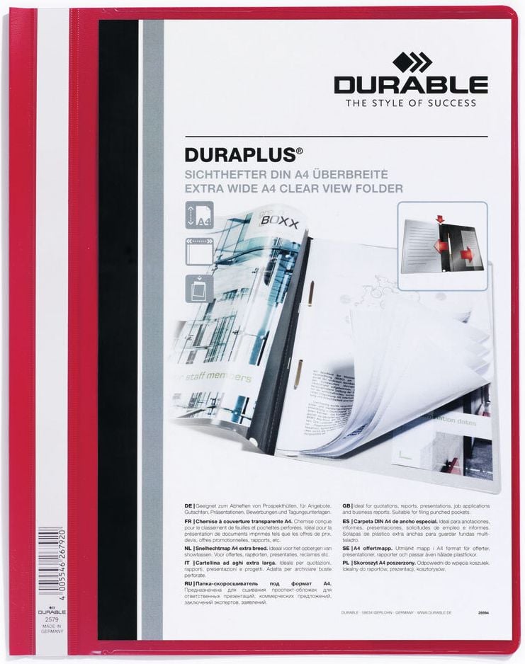 Schnellhefter Durable DURAPLUS A4 Überbreite 2579, Hartfolie, transparenter Vorderdeckel, 2
Innentaschen, rot