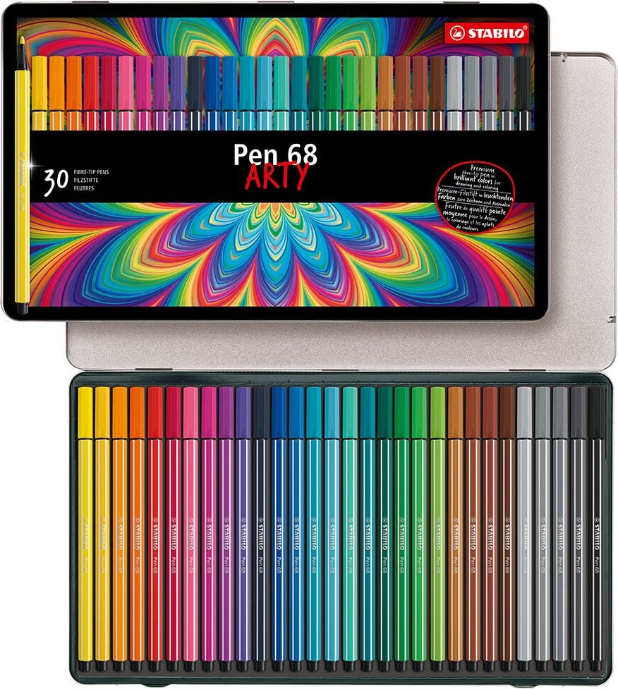Fasermaler STABILO Pen 68 Etui 6830-6, ca. 1mm, Rundspitze, Metalletui mit 30 Farben