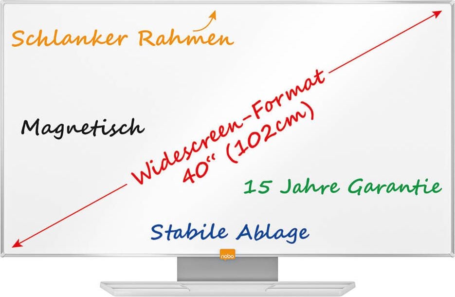 Whiteboard Nobo Impression Pro Widescreen 40 Zoll 1915254, 50x89cm, lackiert, trocken abwischbar,
Ablageschale, Wandaufhängung
