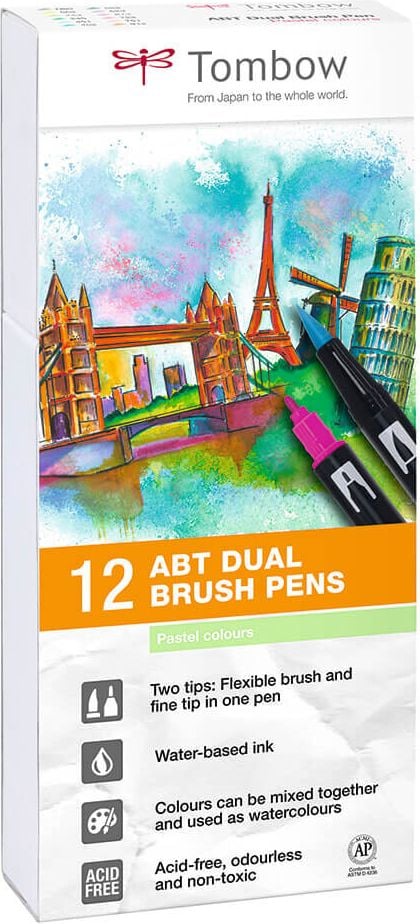 Fasermaler Tombow Abt Dual Brush Pen ABT-12P-2, 2 Spitzen (ca. 0,8 + ca. 0,8-3,3mm), Etui mit
12 Pastellfarben