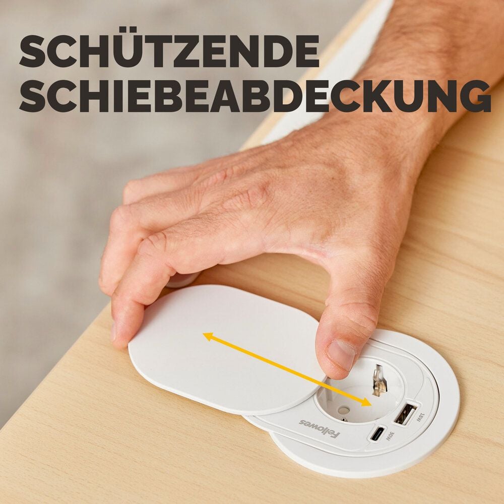 Einbausteckdose Fellowes Power Spot Type F, 1x Steckdose, 1x USB-A, 1x USB-C, Kabellänge
2m, Schiebeabdeckung, weiß