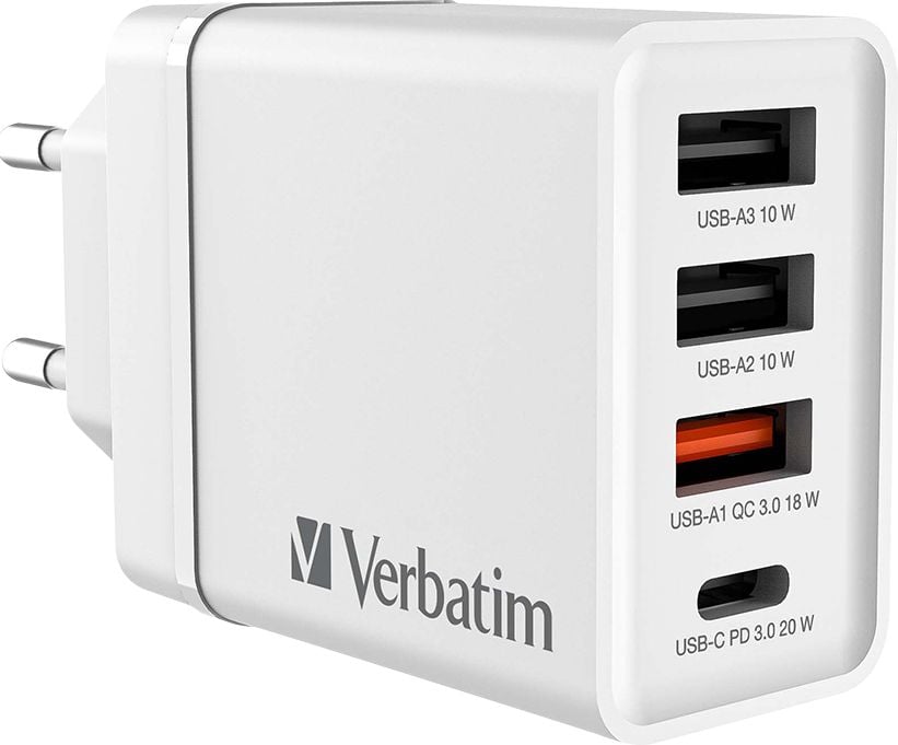 Ladegerät Verbatim USB-Wandladegerät 49700/49701, 1x USB-C PD 20W, 1x USB-A QC 3.0, 2x USB-A 10W (EU), Überstrom-/Überspannungs-/Kurzschluss- und Übertemperaturschutz, weiß
