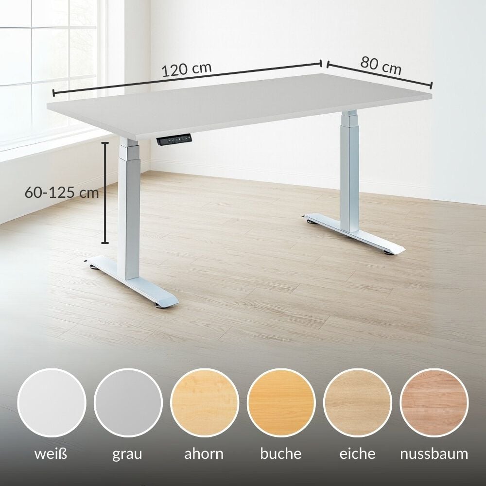 Schreibtisch a-series AS1443, 120 x 80 cm, elektrisch, 120x80cm (BxT), elektrisch höhenverstellbar, 60-125 cm Höhe, rechteckig, T-Fuß, silber, grau