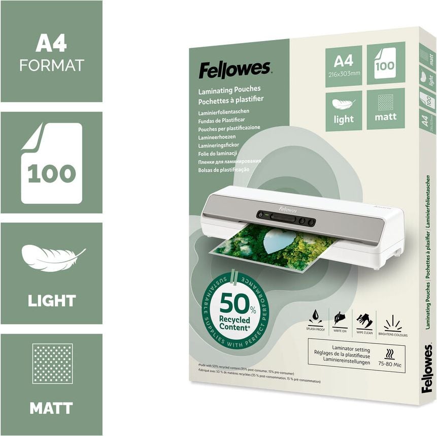 Laminierfolien Fellowes A4 POUCH 100143435, 303x216mm, 80 mic, matt, 50% Recyclinganteil, Pack 100 Stück