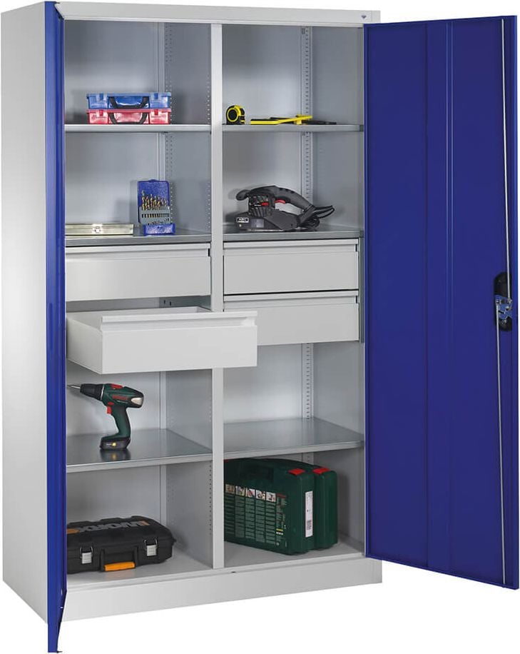 Werkstattschrank CP Serie 89 Werkzeugschrank 8931-3042, 120x195x50cm (BxHxT), 6 Böden,
Mitteltrennwand, 8 Fächer, 4 Schubladen,
2 Flügeltüren, hellgrau