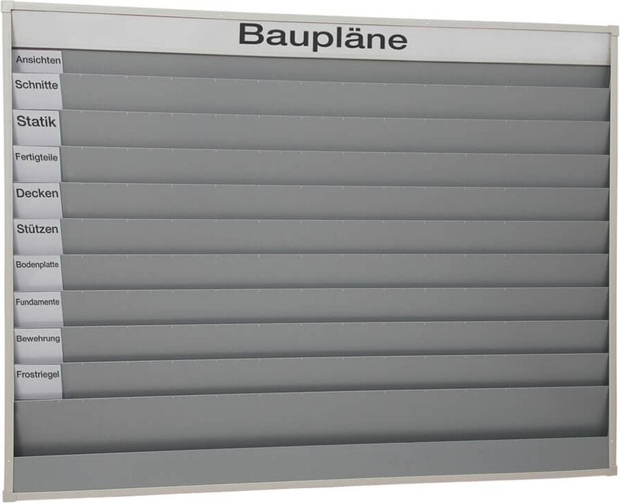 Werkstattplaner Eichner 9019-00145, für 50 x A4, 158x128,2cm, fünfreihig,
zusätzliches Ablagefach und Kopfleiste
(Beschriftung Baupläne), Kunststoff, grau