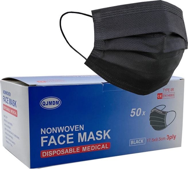 Medizinischer Mundschutz OP-Maske Typ II - SOFORT LIEFERBAR, medizinische Einwegmaske nach EN 14683:2019
Type IIR , 3-schichtig, Pack 50 Stück,
schwarz