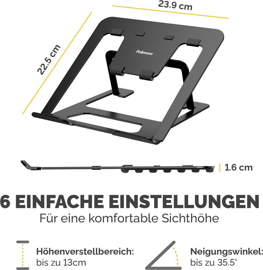 Notebookständer Fellowes Alumia, bis 15 Zoll Notebooks, flach zusammenklappbar,
6 stufig höhenverstellbar, 93% recyceltes Material, Aluminium, schwarz
