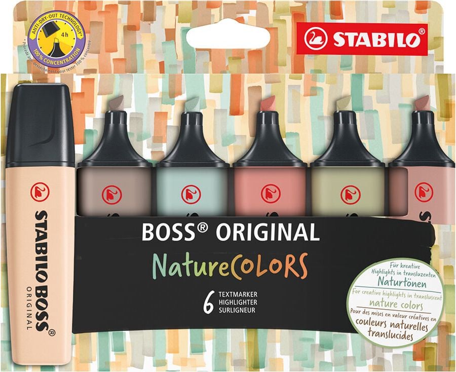 Textmarker STABILO BOSS ORIGINAL NatureCOLORS, ca. 2-5mm, Keilspitze, Etui mit 6 Farben