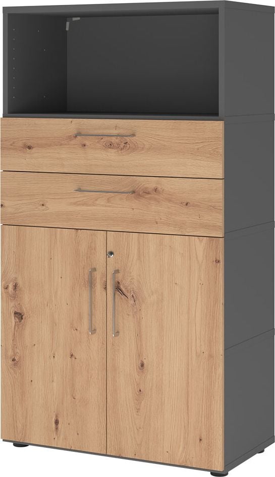 Kombischrank Hammerbacher VFW48K2KG/G, Threespine-Klicksystem, 80 x 41,7 x 145 cm (B
x T x H), mit Stellfüßen, 4 Ordnerhöhen,
Korpus: graphit, asteiche