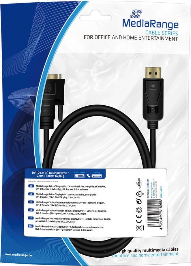 Monitorkabel MediaRange DVI auf DisplayPort MRCS131, DVI auf DisplayPort, DVI-D Buchse/DP Stecker, Kabellänge 2 m, schwarz