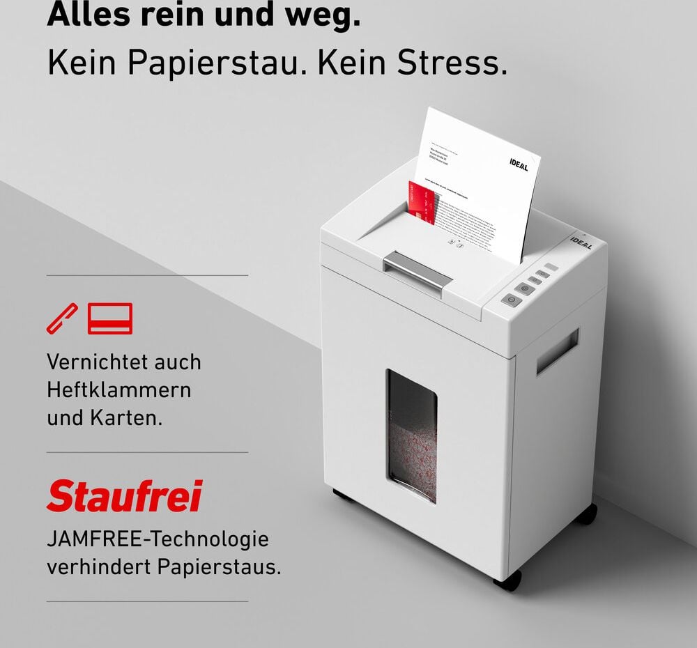 Aktenvernichter Ideal Shredcat 8291 CC P-4 82919111, 4x10mm Partikelschnitt, ca. 150 Blatt bzw. 8 Blatt, 21 Liter Behälter, weiß