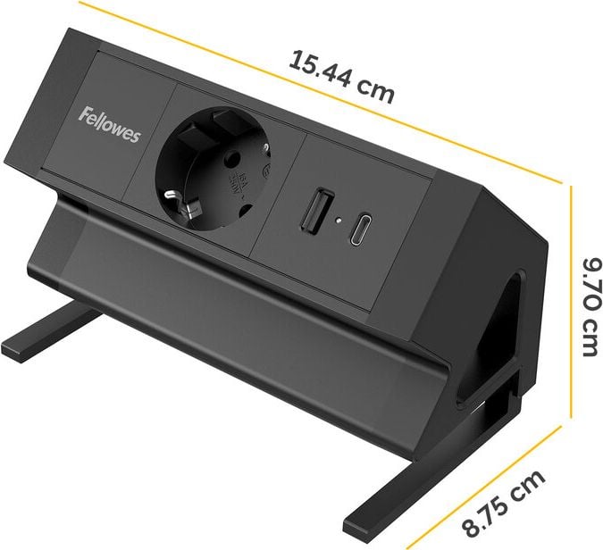 Tischsteckdosenleiste Fellowes Power Desk Type F 1fach+2 USB, Tischklemme, 1x Steckdose (230V), 1x USB-A, 1x USB-C, Kabellänge 2m, schwarz